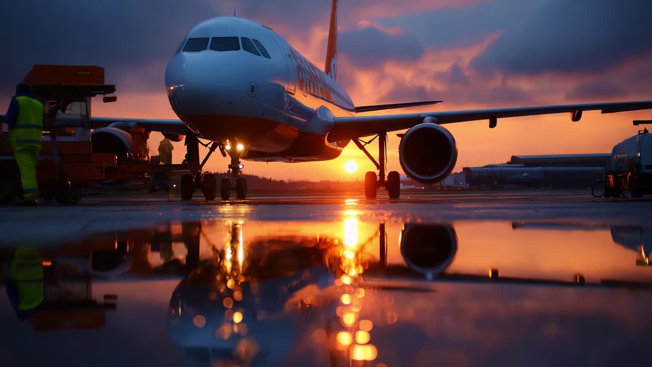 Captivating Sunset Reflection: A Commercial Airliner at the Airport, Showcasing the Beauty of Aviation and the Serene Glow of Twilight Over the Tarmac, Illuminated by Vibrant Sunset Colors
