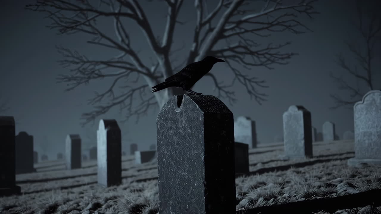 Spooky Graveyard at Night with a Crow