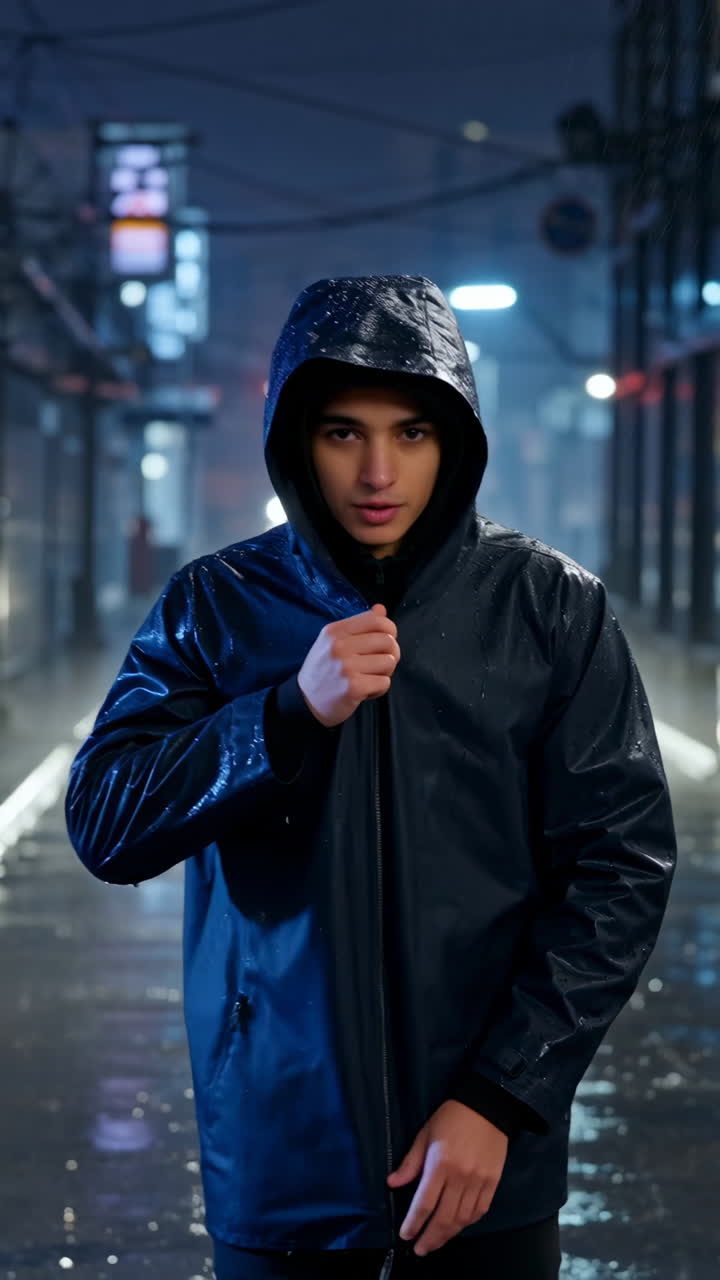 Young Man in Raincoat on a Wet City Street at Night