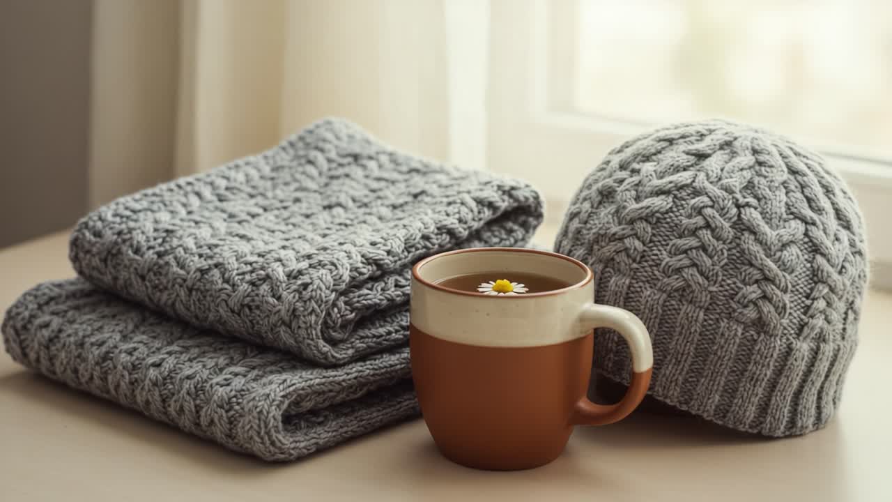 Cozy Collection of Knit Textiles Featuring a Warm Cup of Tea with a Flower in a Calm Indoor Setting for Relaxation and Comfort