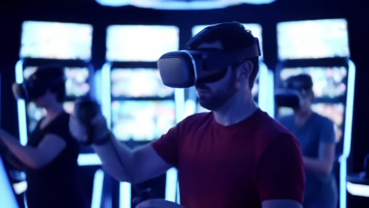 Immersive Virtual Reality Gaming Experience Captured in Dynamic Frames Showcasing Engaged Players in a High-Tech Environment