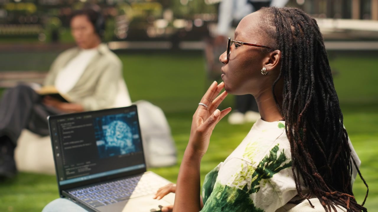 Woman engineering student using AI neural networks on laptop screen
