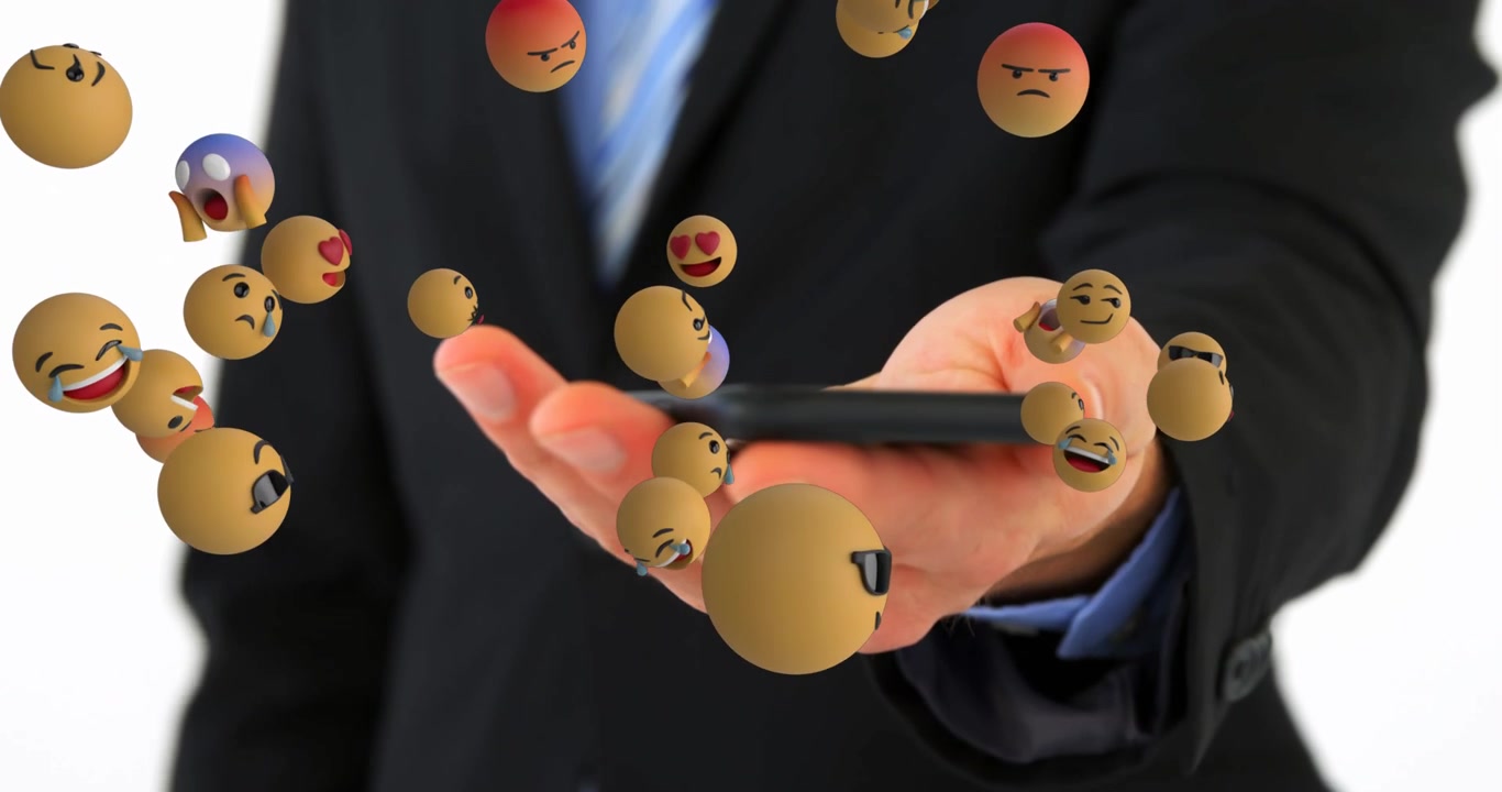 Animação de ícones de emoji sobre empresário caucasiano usando smartphone