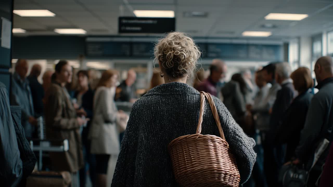 A woman with curly hair and a wicker basket walks through a crowded terminal, surrounded by a mix of people engaged in conversation, as they await their next journey in a bustling public space