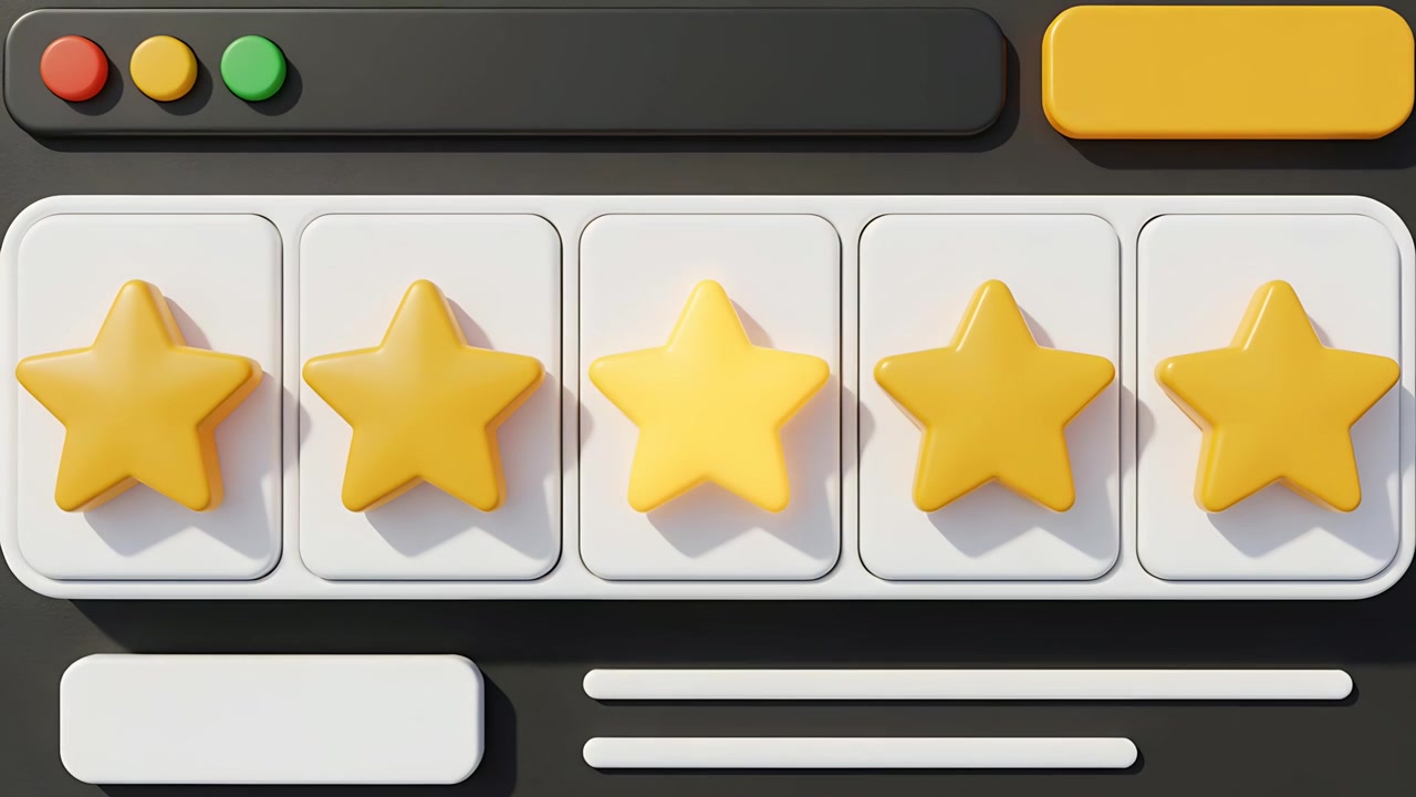 Animating 5-star rating module pulsing center star on panel load with header icons, showing choice