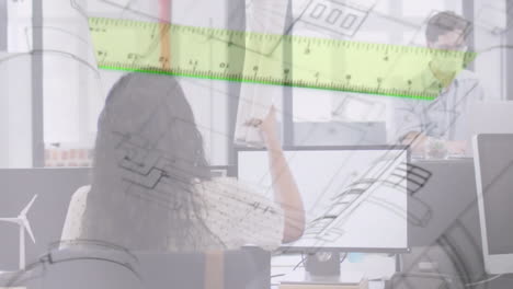 animación de planes y gobernante sobre personas de negocios que llevan máscaras faciales
