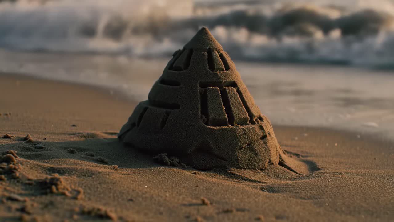At a beautiful beach during sunset, a stunning sandcastle takes form with intricate designs. The waves gently lap at the shore, enhancing the serene atmosphere of the scene.
