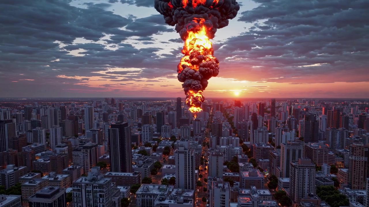 Grande Explosão e Coluna de Fumaça Sobre o Horizonte de uma Cidade Moderna ao Pôr do Sol