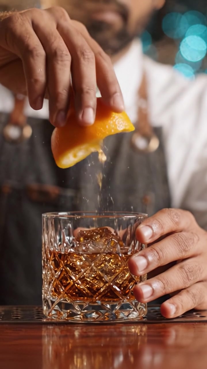 Creazione del Cocktail Perfetto: Tocco Abile del Barista con Whiskey e Guarnizioni, Catturato in Due Inquadrature Distinte di Maestria nella Mixology