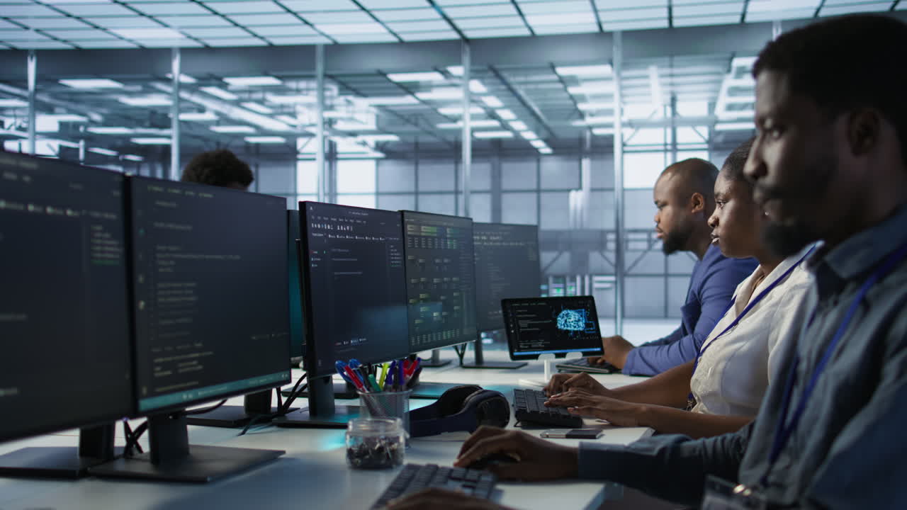 equipo diverso que trabaja en un centro de datos