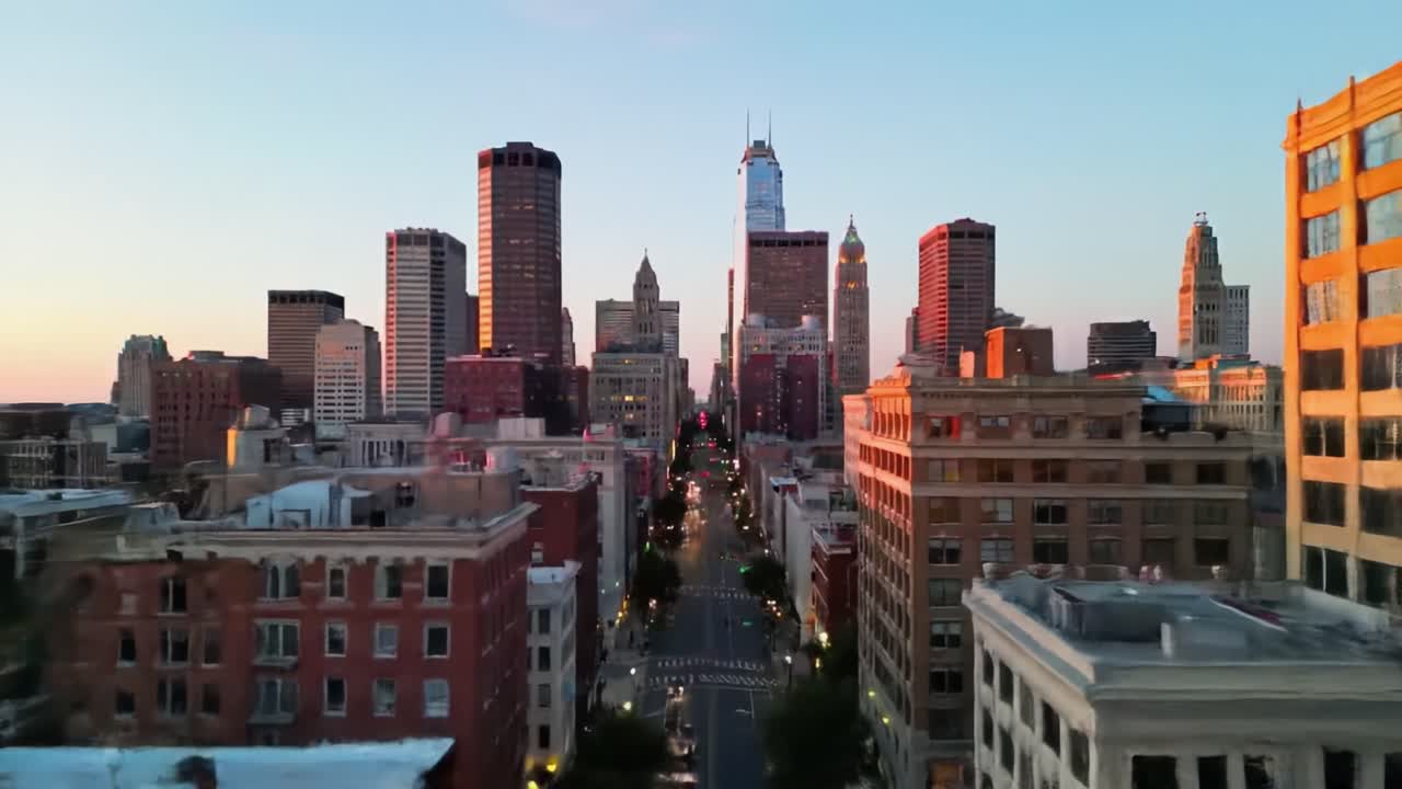 A Breathtaking Transformation: Day to Night Over a City Skyline with Illuminated Buildings and Streets Leading to a Towering Landmark