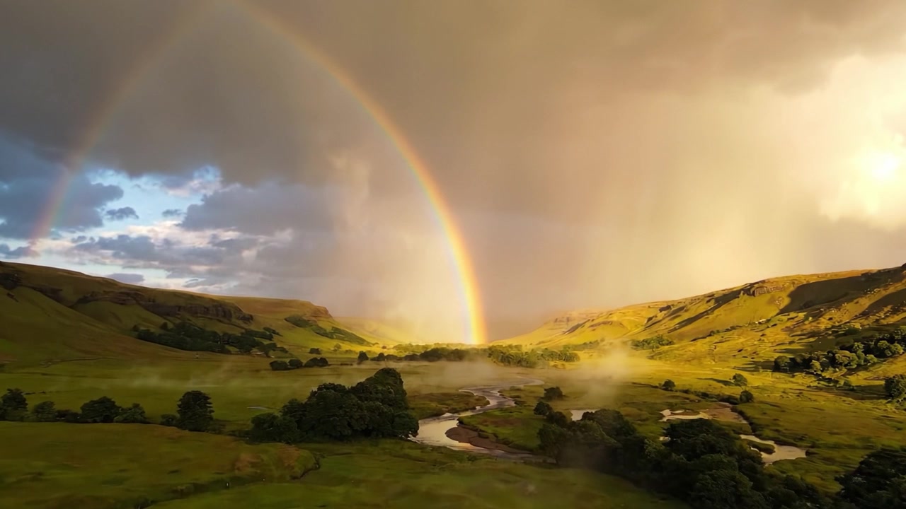 Pemandangan Alam yang Menakjubkan Menampilkan Pelangi Cerah Melintasi Lembah Hijau Subur di Bawah Langit Dramatis dengan Warna-warna Cerah dan Kabut Lembut yang Muncul dari Sungai
