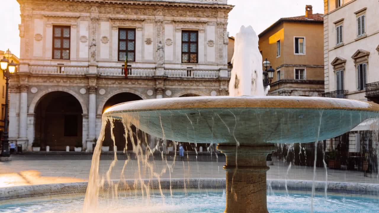 Vasca di fontana in pietra zampillante e ugello centrale che fa cascare l'acqua in una piazza pubblica, con facciata.
