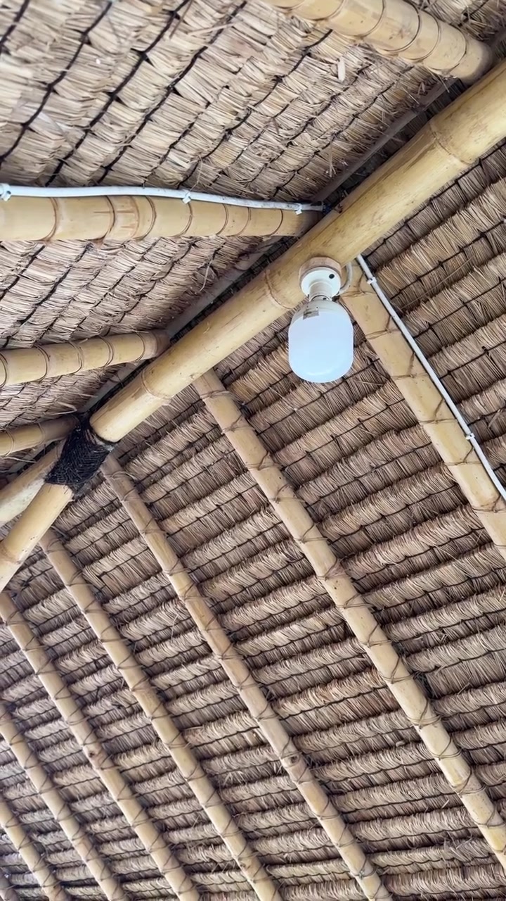 Vista interna di un tetto di paglia rustico con travi in bambù e lampadina