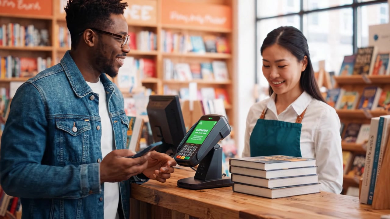 Customer Makes a Contactless Payment at a Bookstore While the Cashier Prepares a Purchase Bag with Books in a Friendly Retail Environment