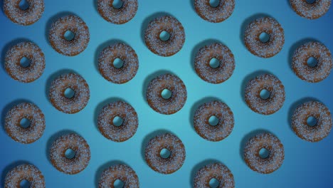 milk chocolate glazed and sprinkled delicious donuts appears diagonally on blue abstract background