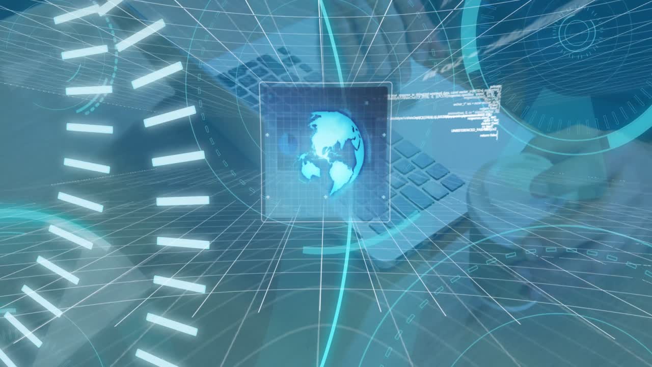 animación de escaneo de alcance con procesamiento de texto y datos 5g a través de las manos escribiendo en el teclado.