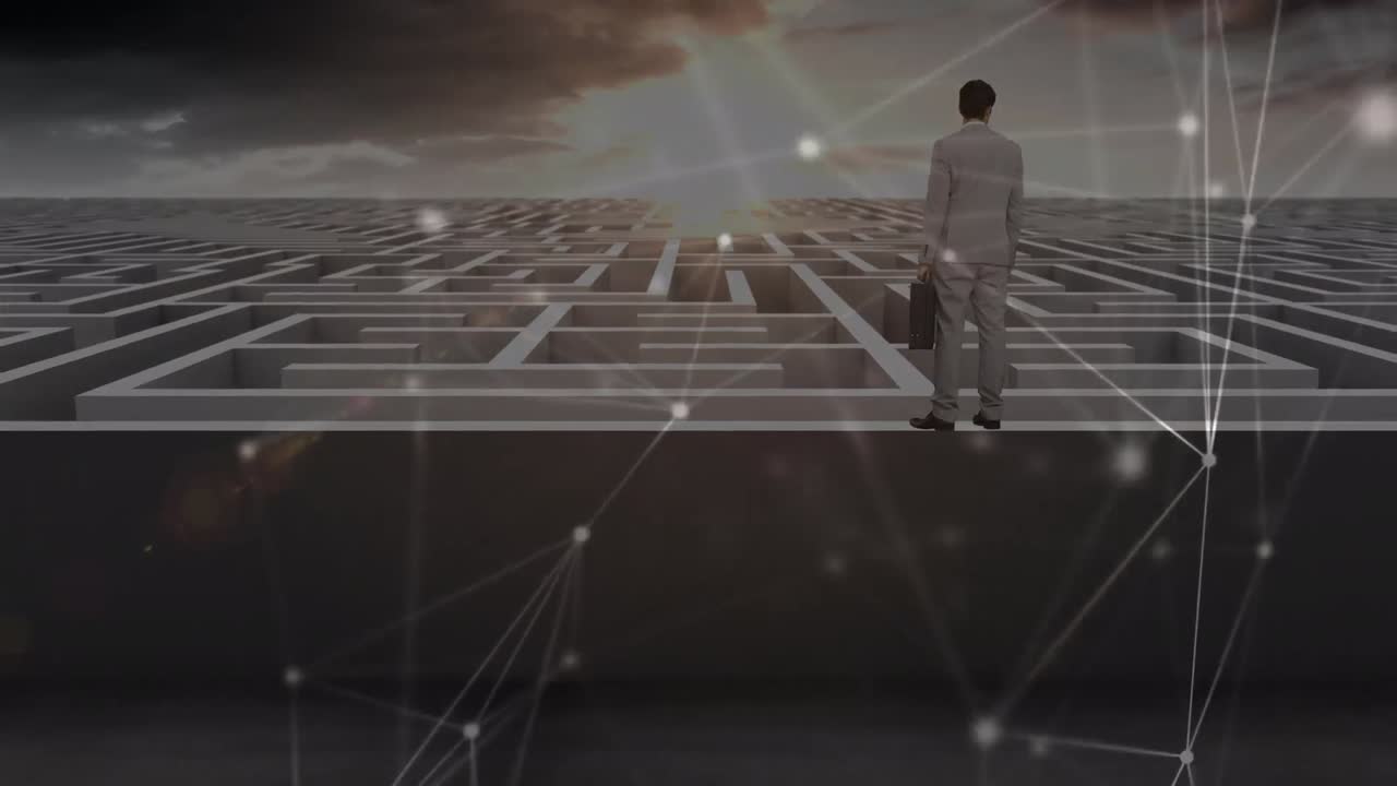 카우카스 사업가와 미로에 대한 연결 네트워크의 애니메이션