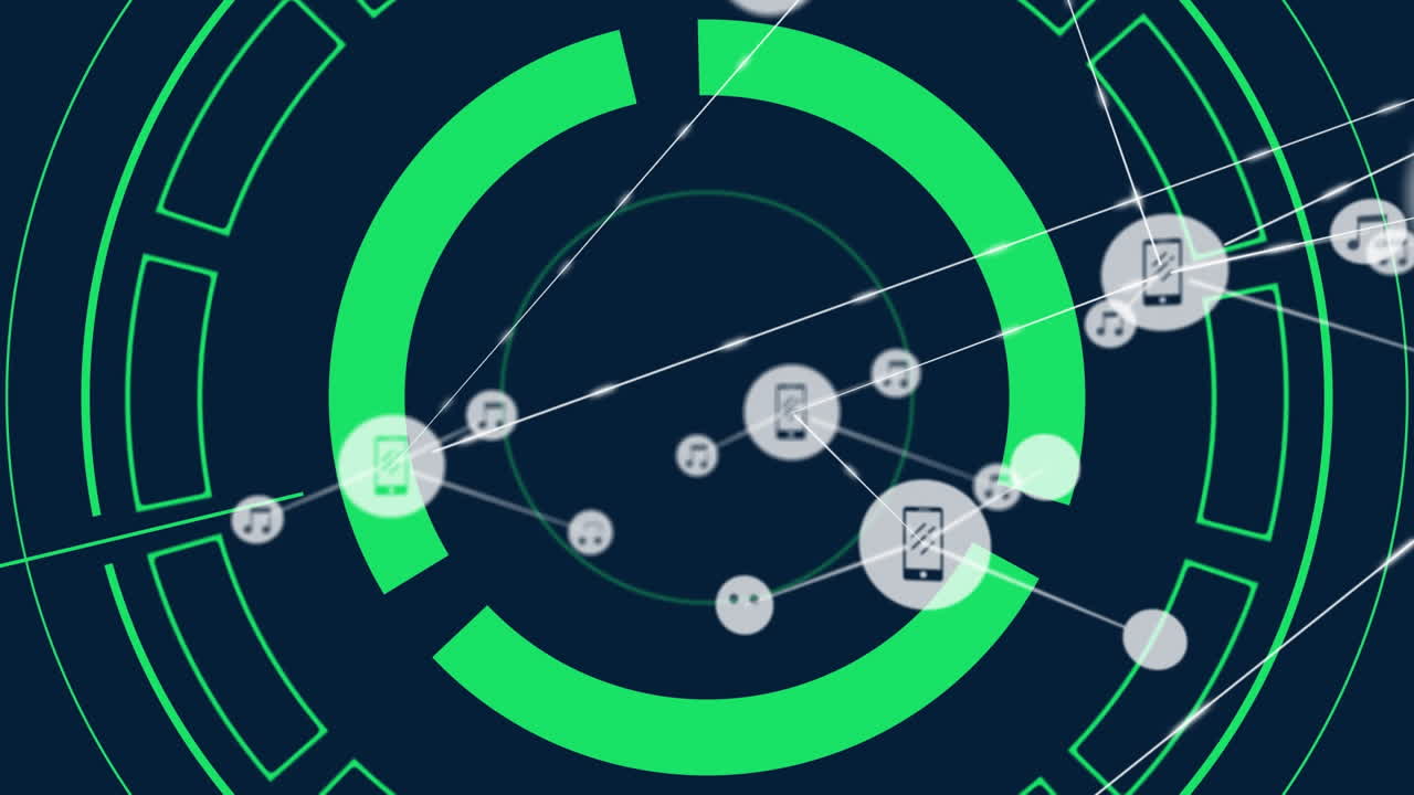 animación de círculos y red de conexiones en fondo oscuro