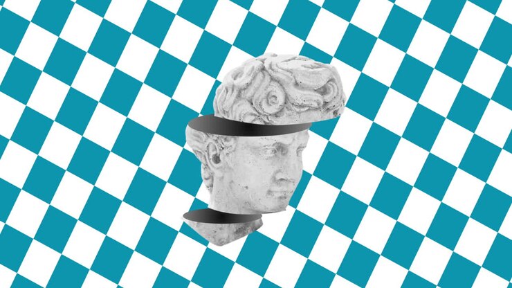 Animazione di una scultura di testa su sfondo a scacchi