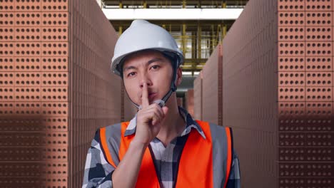 close up of asian male engineer with safety helmet making shh gesture while standing with red brick packed in stacks are stored