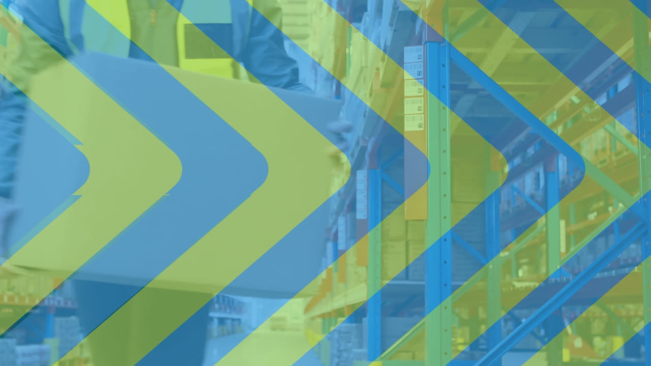 백인 남성 창고 노동자 위에 노란색과 파란색 셰브론의 애니메이션