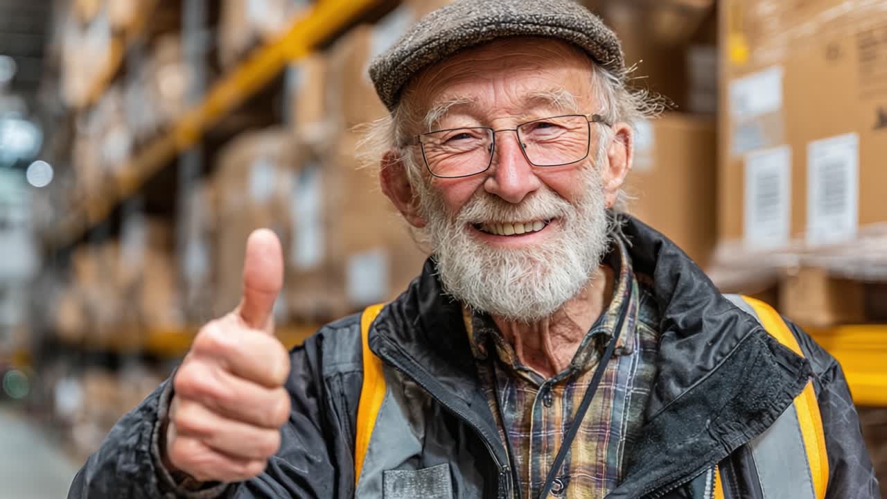 A Cheerful Elderly Worker Giving a Thumbs Up in a Warehouse Environment, Radiating Positivity and Experience Amidst Shelves of Packed Boxes