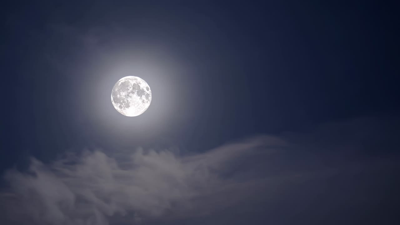 A serene full moon shines brightly in a dark night sky, captured from a low-angle