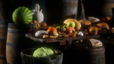 food table with wine barrels and some fruits, vegetables and bread