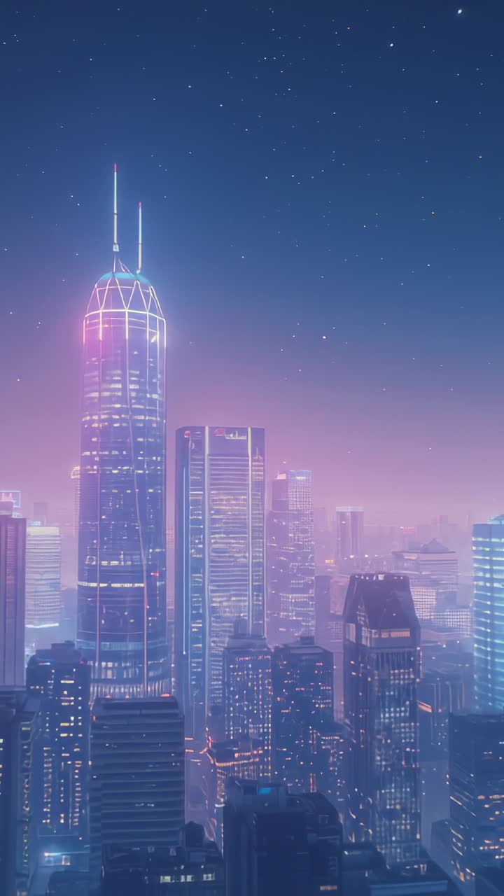Vertical video: Shining neon-lit skyscraper as dusk deepens over city skyline, with starry sky