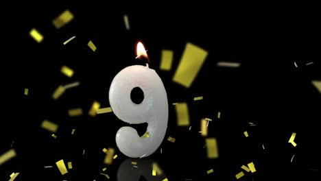 Animation-of-gold-confetti-falling-over-number-9-lit-birthday-candle,-on-black-background