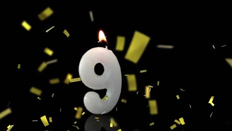 animación de confeti dorado cayendo sobre el número 9 vela de cumpleaños encendida, sobre fondo negro