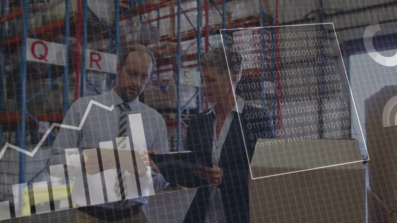 Man reading clipboard starting HUD overlays, woman pointing shelves and analysing warehouse charts