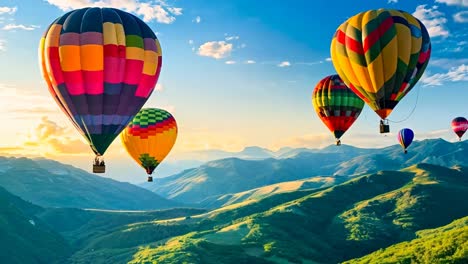 a group of hot air balloons flying over a mountain range