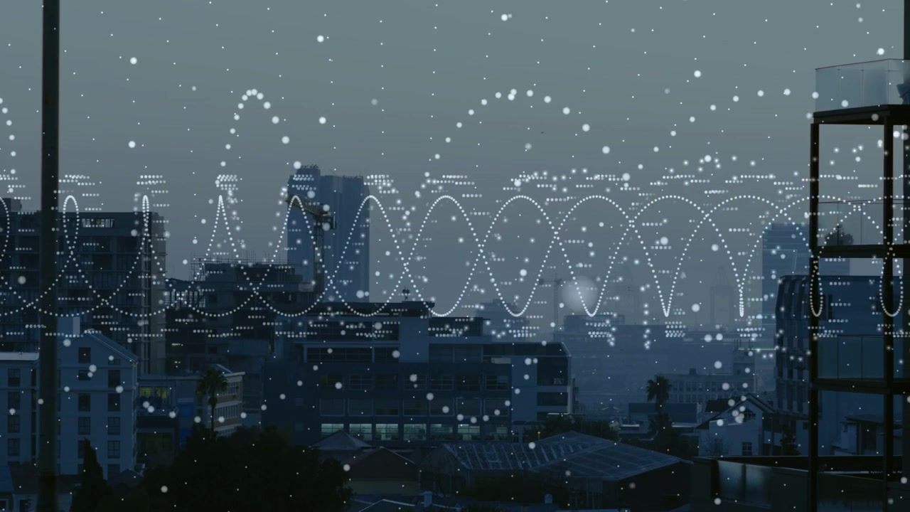 Forma d'onda punteggiata sopra uno skyline che si sposta durante la riproduzione, rilasciando particelle e mostrando dati tecnologici.