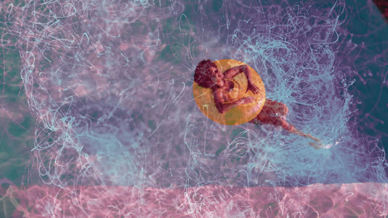 Woman floating on yellow inflatable ring over pool, showcasing neon light trails for marketing
