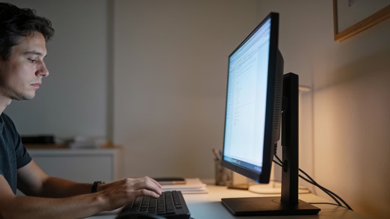 Mann i mørk T-skjorte jobber på hjemmekontor, skriver på tastaturet, ser på skjermen, med tent skrivebordslampe