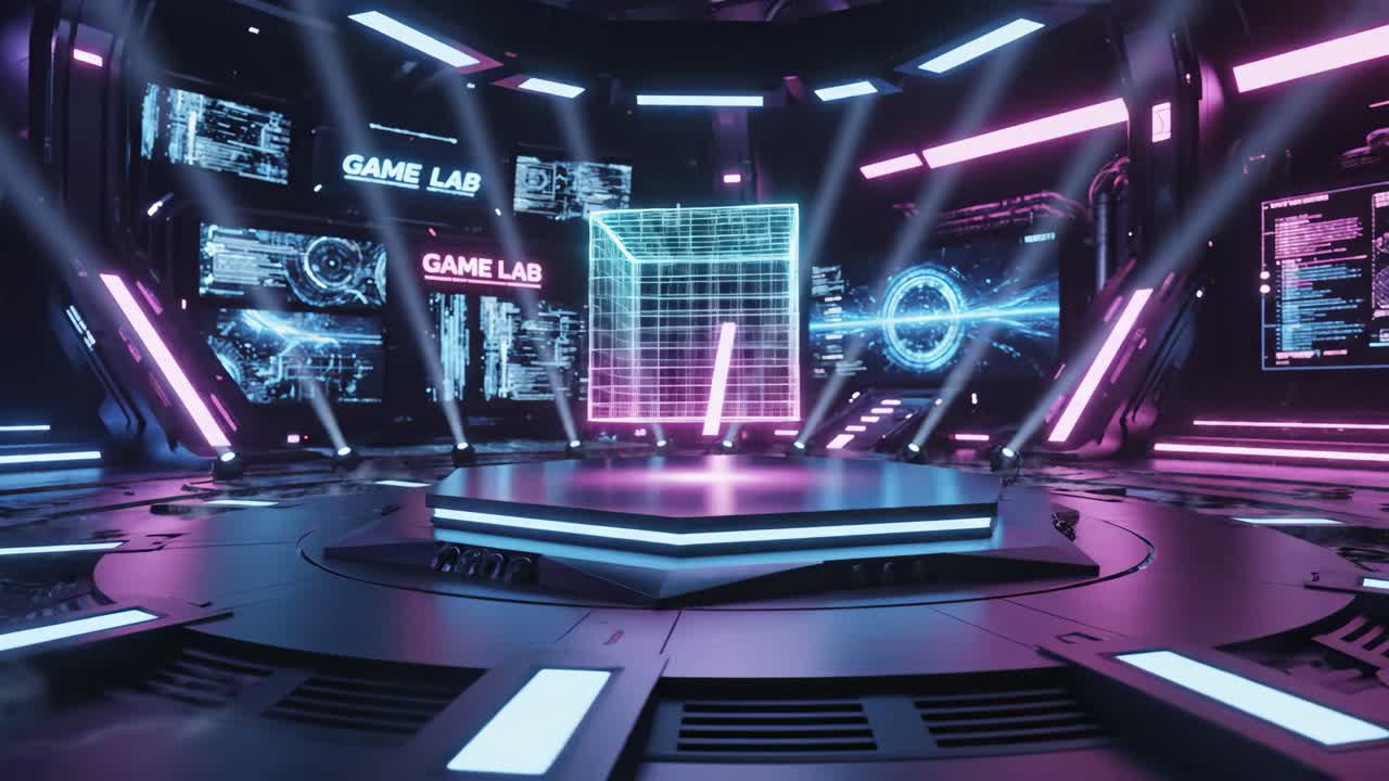 Futuristic Game Lab Stage with Neon Lights and Digital Displays