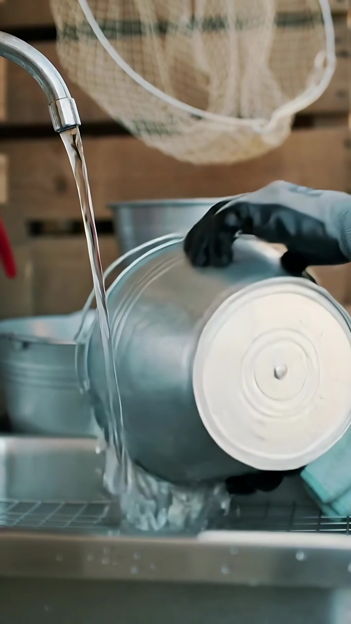 Vertical video: Filling gloved hands holding pails under running tap at sink, tilting for cleaning