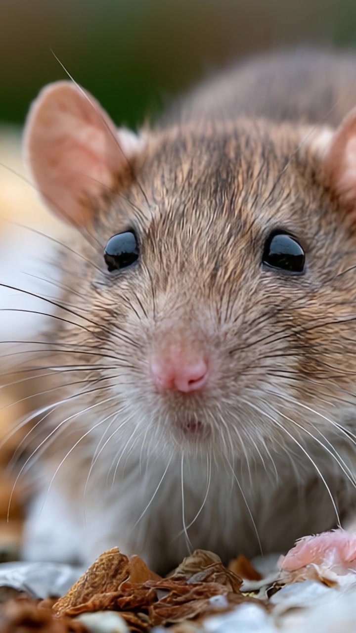 Primo Piano di un Simpatico Topo Marrone con Caratteristiche Distintive, che Mostra i Suoi Grandi Occhi e Baffi Tra le Foglie a Terra