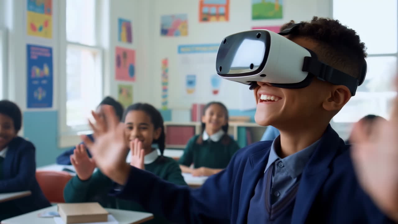 Begejstret dreng bruger virtual reality-headset i klassen