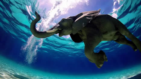elephant swimming underwater in clear blue ocean