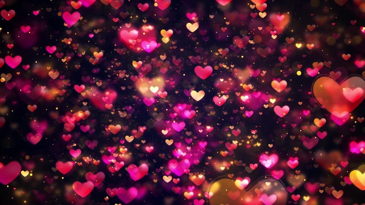 Sfondo romantico con cuori fluttuanti e luci bokeh rosa, rosse e dorate su uno spazio scuro e sognante.