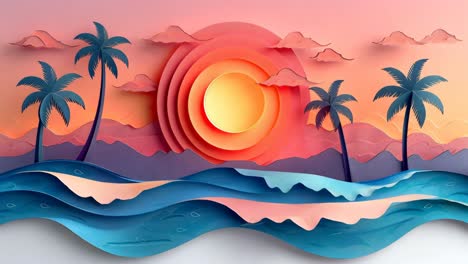 a paper drawing of a beach with palm trees and a sunset. scene is peaceful and relaxing