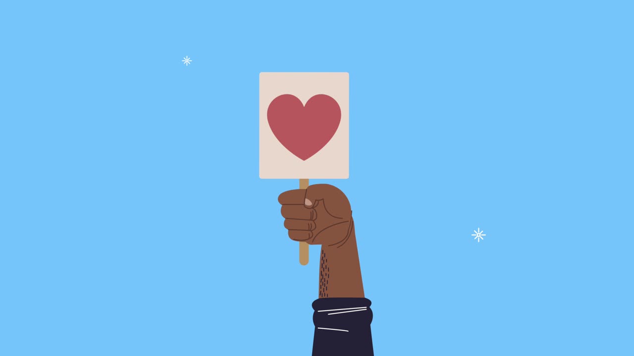 animación de concienciación sobre los derechos humanos con la mano afro levantando el corazón