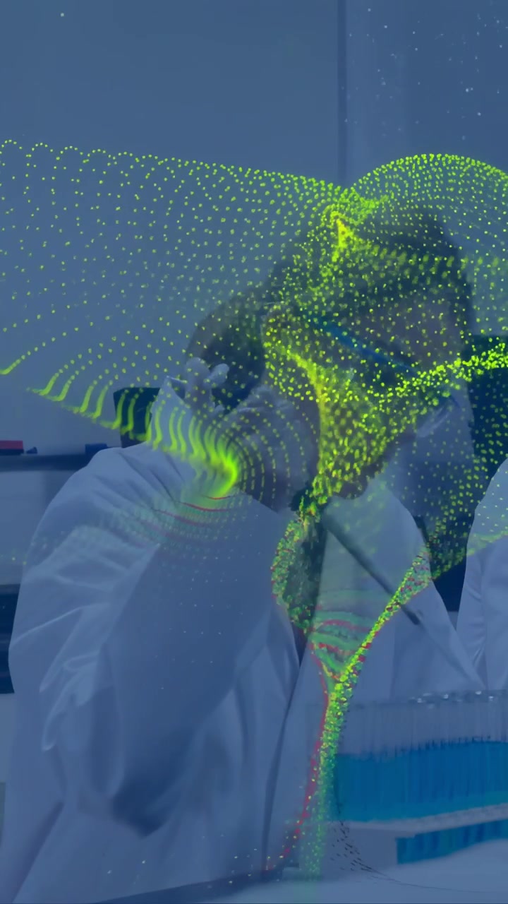 Vertical video: Tech lifting pipette, pipetting tips for lab assay, green dots glowing over hands