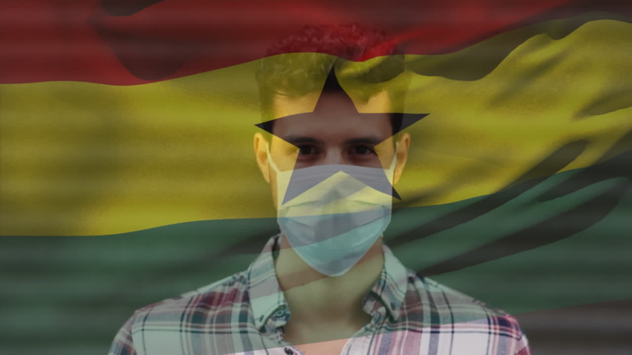 코로나 19 대유행 기간 동안 얼굴 마스크를 착용 한 남자가 가나의  ⁇ 발을 흔들고 있는 애니메이션