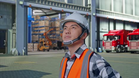 close up side view of asian male engineer wearing safety helmet looking around while standing with arms akimbo , outside of logistics distributions warehouse