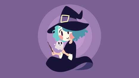 happy halloween animation with witch and ghost