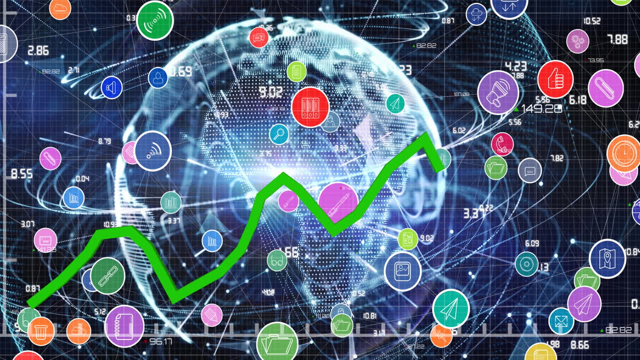 animación de iconos digitales y procesamiento de líneas verdes en todo el mundo con redes de conexiones